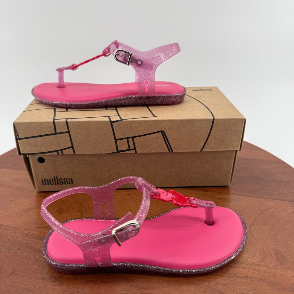 Mini Melissa Solar Scented Glitter Pink Heart T-Strap Jelly Sandals Kids USA 12 - Picture 9 of 10